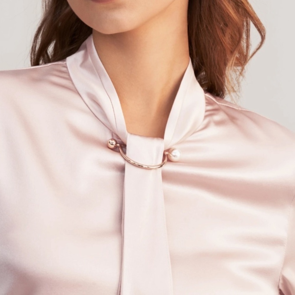 Pale Pink Silk Feminine Stand Collar Blouse Top with Pearl Clip Brooch
